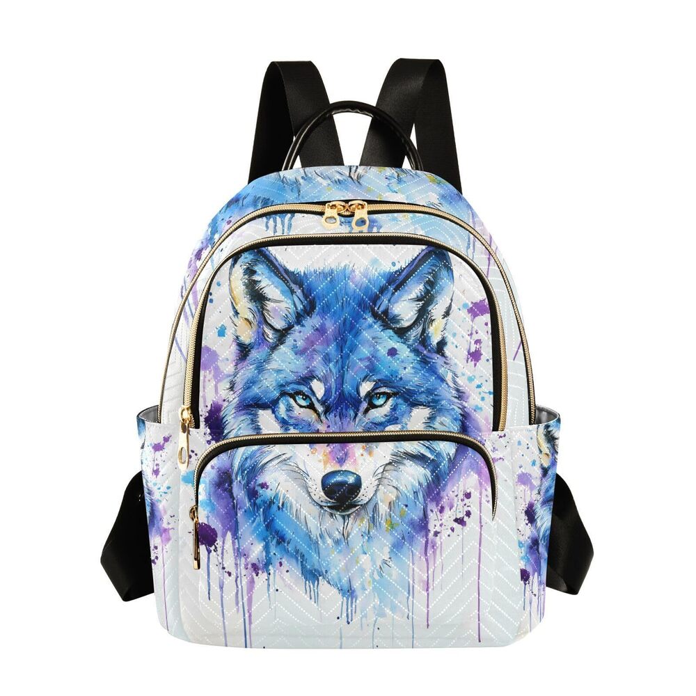 8291 Blue Purple Watercolor Wolf Mini Backpack Purse Travel Bag Lightweight